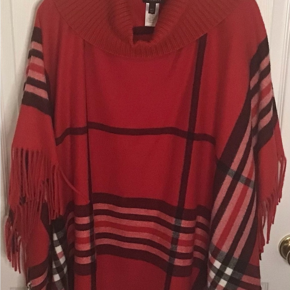 NWOT - Talbots red and black plaid poncho with fringe